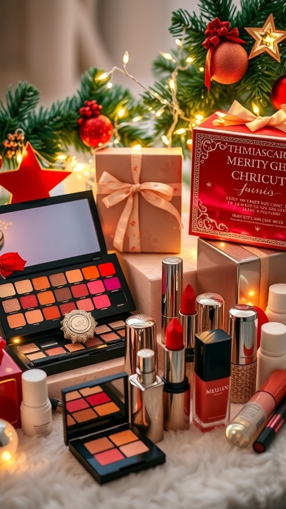 A collection of colorful Christmas makeup gifts including eyeshadow palettes, lipsticks, and skincare products, set against a festive backdrop.